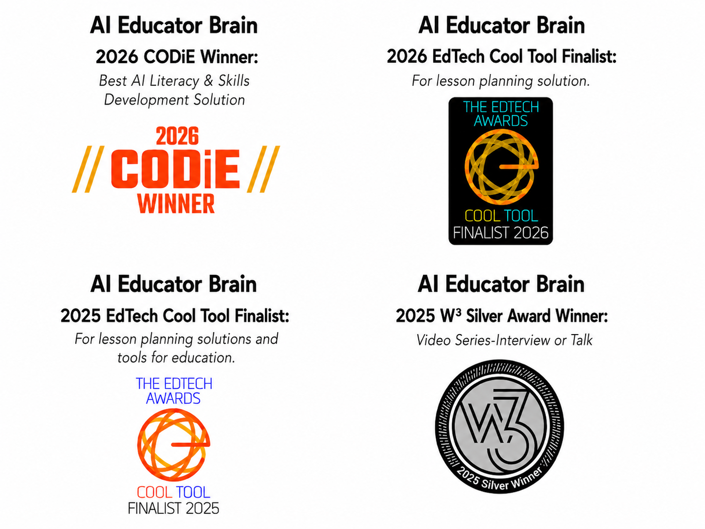 AI Educator BrAIn awards graphic featuring a 2026 CODiE Winner award for AI literacy, 2026 and 2025 EdTech Cool Tool finalist honors and a 2025 W3 Silver Award.
