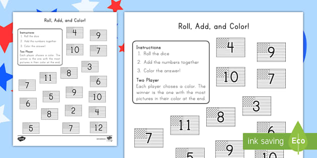 Independence Day Roll, Add, and Color Activity