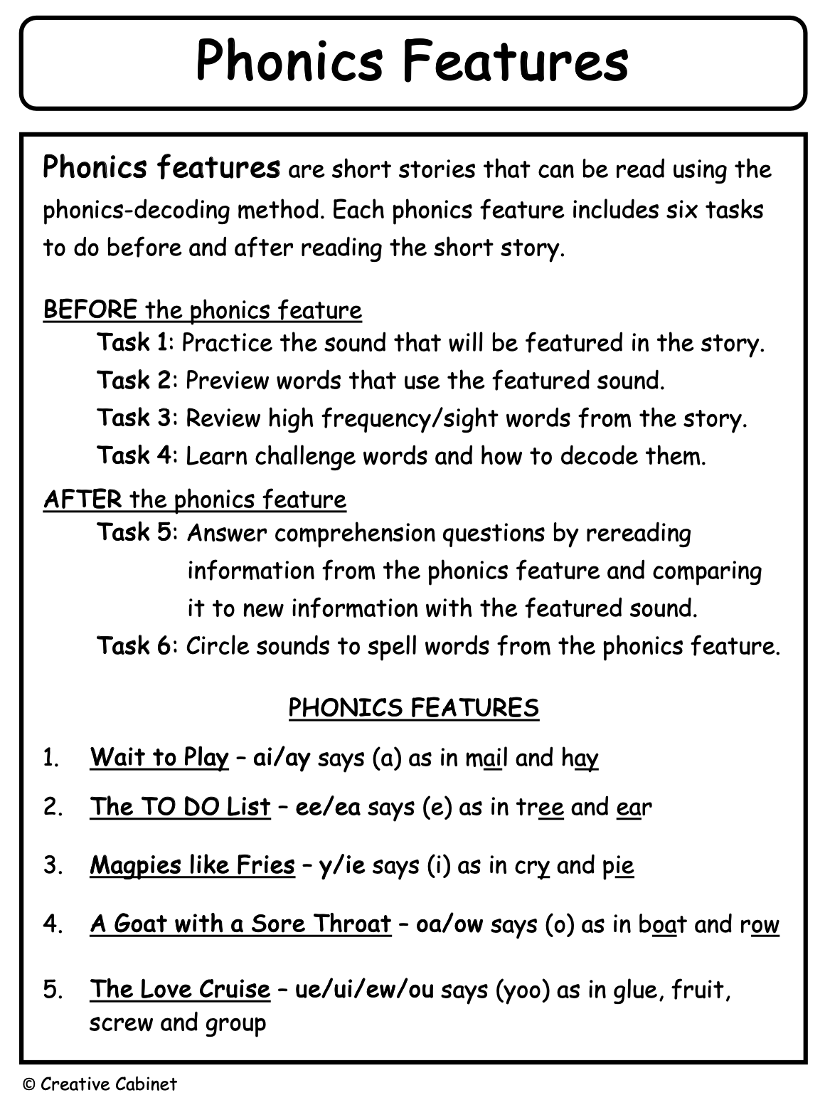 Phonics Features - ai, ay, ee, ea, y, ie, ue, ui, ew, and ou