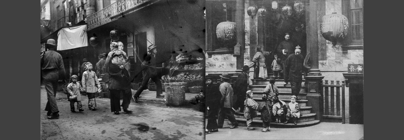 Two black-and-white photos of San Francisco's Chinatown around 1900, showing families and children on the street.