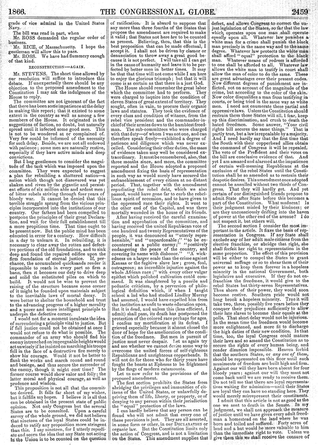 A scanned page from The Congressional Globe dated 1866, page 2459, showing the text of Thaddeus Stevens' speech introducing the Fourteenth Amendment in the U.S. House of Representatives during Reconstruction. Source: Congress.gov.