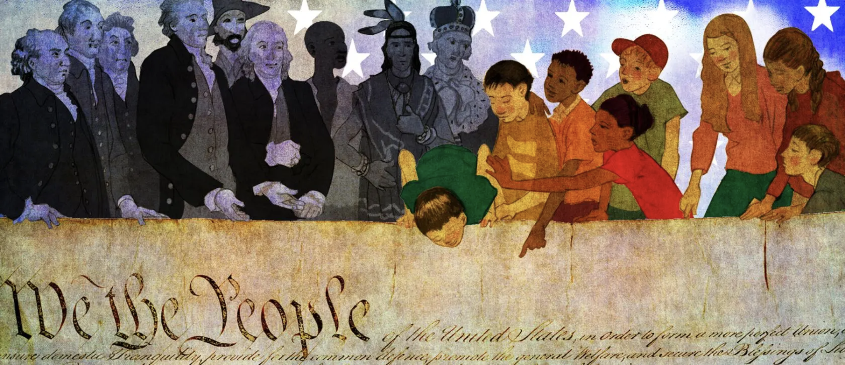 an illustration of people who make up the US all standing behind the US constitution