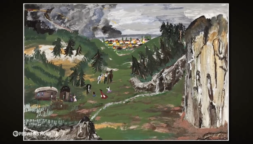 Credit: PBS News Hour screenshot of Ceija Stojka's painting "Untitled" at an art exhibit at The Drawing Center in New York City