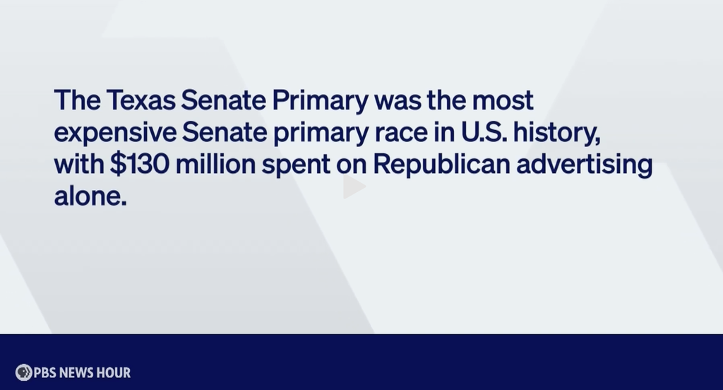 PBS NewsHour infographic stating that the Texas Senate Primary was the most expensive Senate primary race in U.S. history, with $130 million spent on Republican advertising alone.