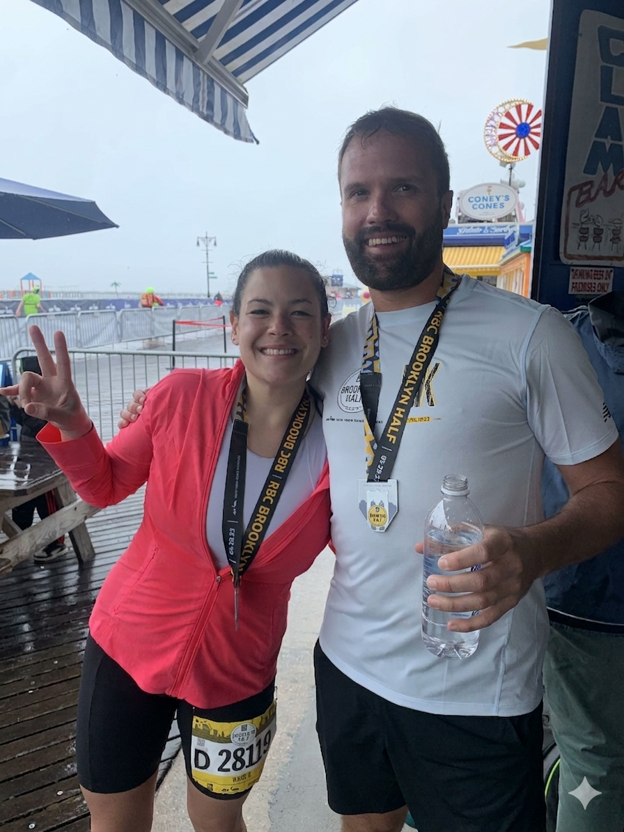 Sissy and I after running our first half-marathon in Brooklyn, New York.