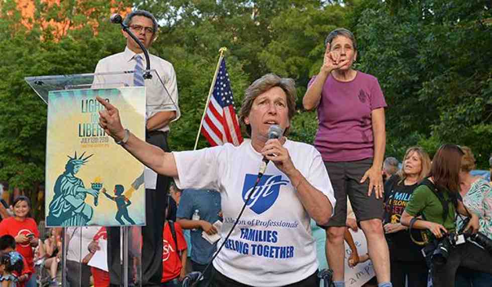 Randi Weingarten addressing educators about democracy and the freedom to teach