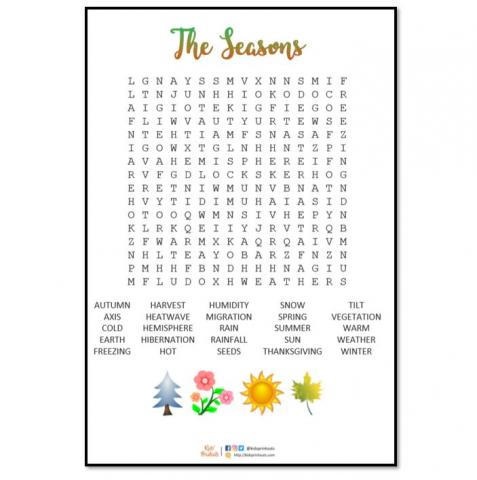 Wordsearch puzzle - 'Seasons' theme - 25 words